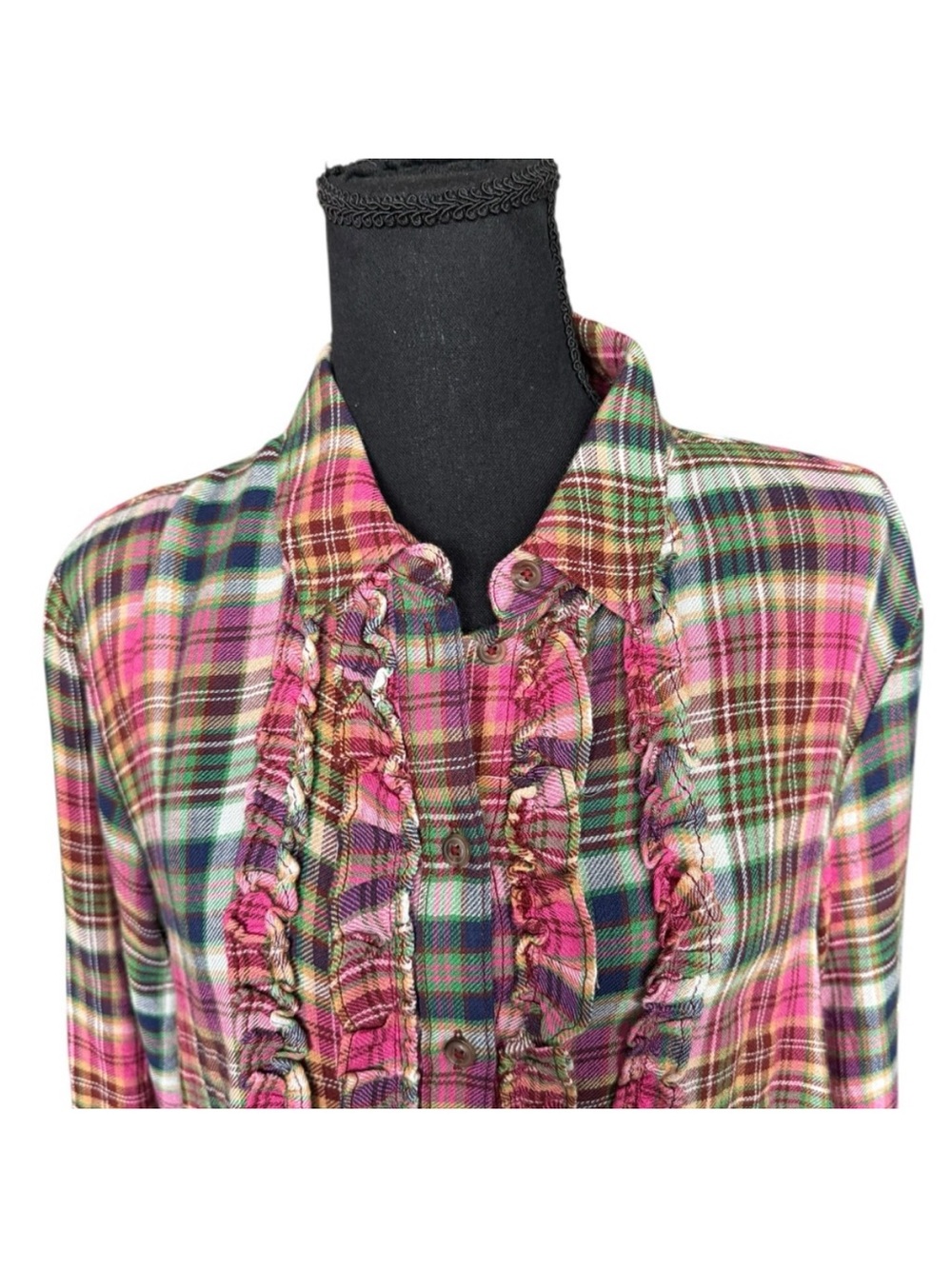 Pilcro Pink Plaid Ruffle-Front Button-Down Shirt - Picture 2 of 8
